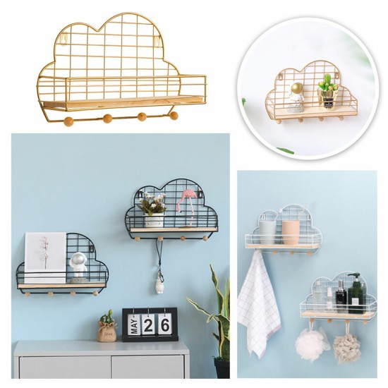 Wall Mounted Shelf Metal Wire Rack Storage Unit With Hooks Key Basket Hanger