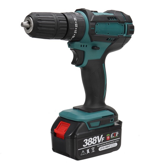 388VF 1500W Electric Cordless Impact Drill LED Working Light Rechargeable Woodworking Maintenance Tool W/ 1pc/2pcs Battery