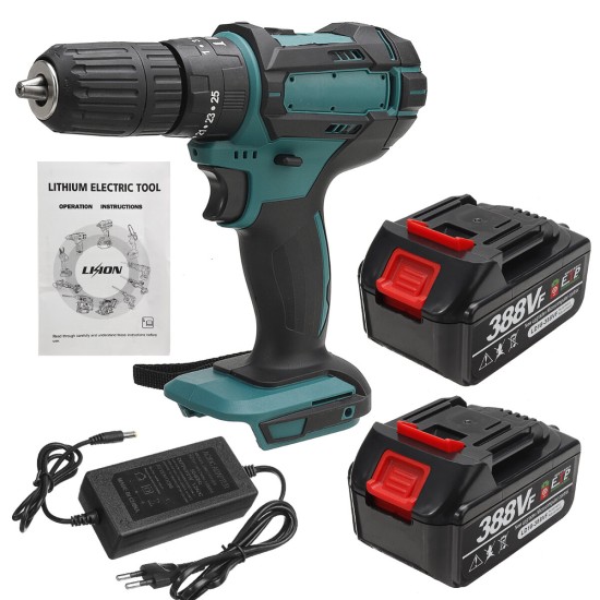 388VF 1500W Electric Cordless Impact Drill LED Working Light Rechargeable Woodworking Maintenance Tool W/ 1pc/2pcs Battery