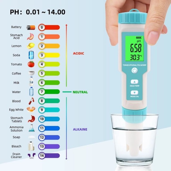 C-600 7 in 1 PH/TDS/EC/ORP/Salinity /S.G/Temperature Meter Water Quality Tester for Drinking Water Aquariums PH Meter