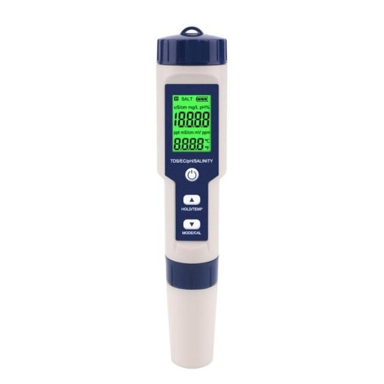 EZ-9909A 5 in 1 TDS/EC/PH/Salinity/Temperature Meter Digital Water Quality Monitor Tester for Pools, Drinking Water, Aquariums