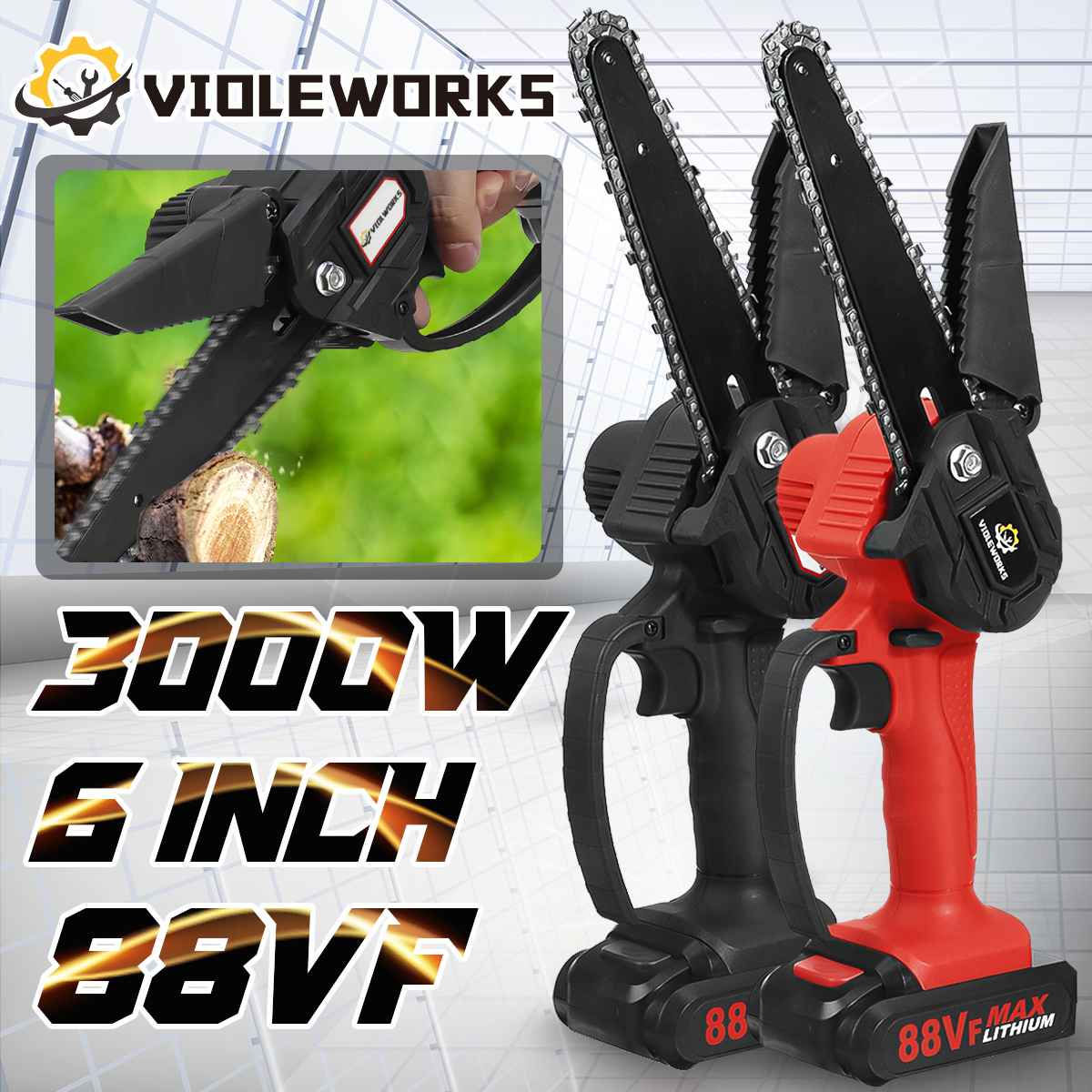VIOLEWORKS-6-Inch-88VF-Cordless-Electric-Chain-Saw-One-Hand-Saw-LED-Woodworking-Wood-Cutter-W-12-Bat-1868927-2