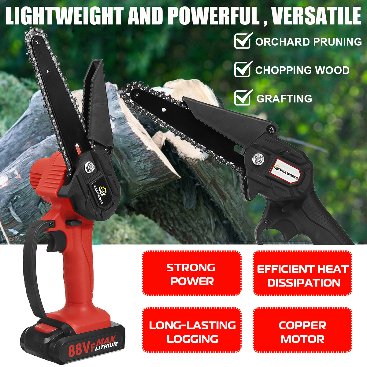 VIOLEWORKS-6-Inch-88VF-Cordless-Electric-Chain-Saw-One-Hand-Saw-LED-Woodworking-Wood-Cutter-W-12-Bat-1868927-5