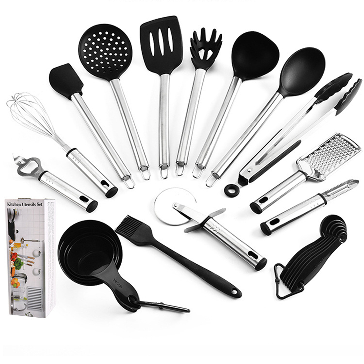 23pcs-Steel-Handle-Silicone-Non-Stick-Pan-Spoon-Utensils-Kitchenware-Cookware-1686237-2
