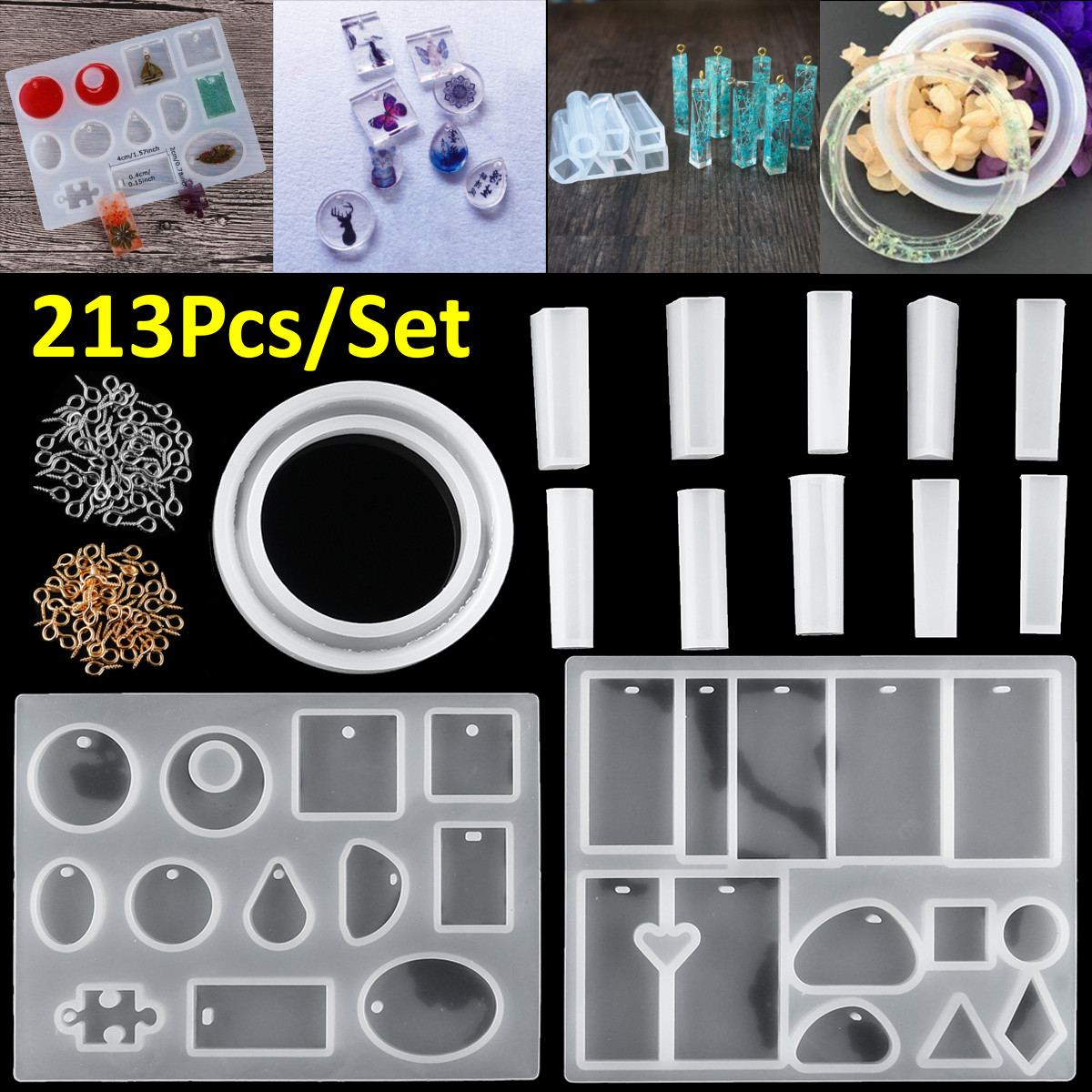 213Pcs-DIY-Epoxy-Resin-Casting-Molds-Kit-Silicone-Jewelry-Pendant-Craft-Making-Mould-1656483-1