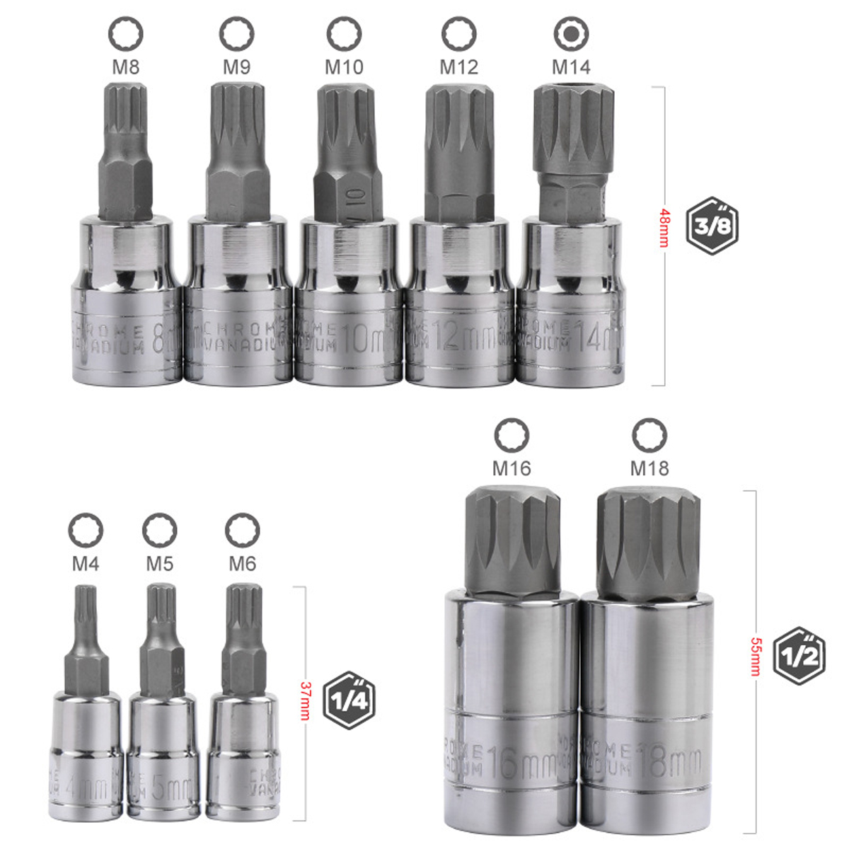 10Pcs-12-Point-Triple-Square-Spline-Socket-Tamper-Proof-4-18mm-Tools-Kit-1609552-2