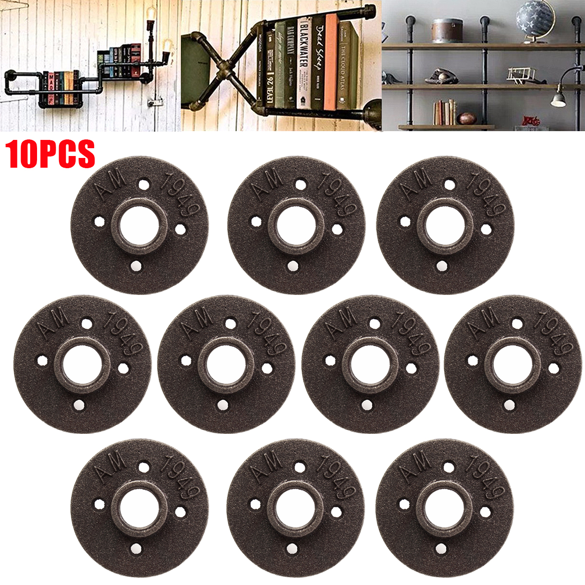 10pcs-34-Inch-Black-Malleable-Iron-Floor-Flange-Fitting-Pipe-NPT-Antique-Wall-Flange-Seat-1543530-9