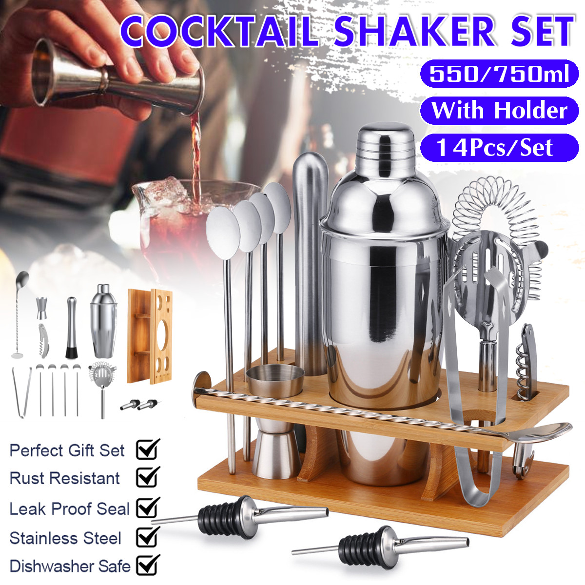 14Pcs-Cocktail-Shaker-Set-Mixer-Martini-Spirits-Bar-Spoon-Jigger-Strainer-Stand-1739695-2
