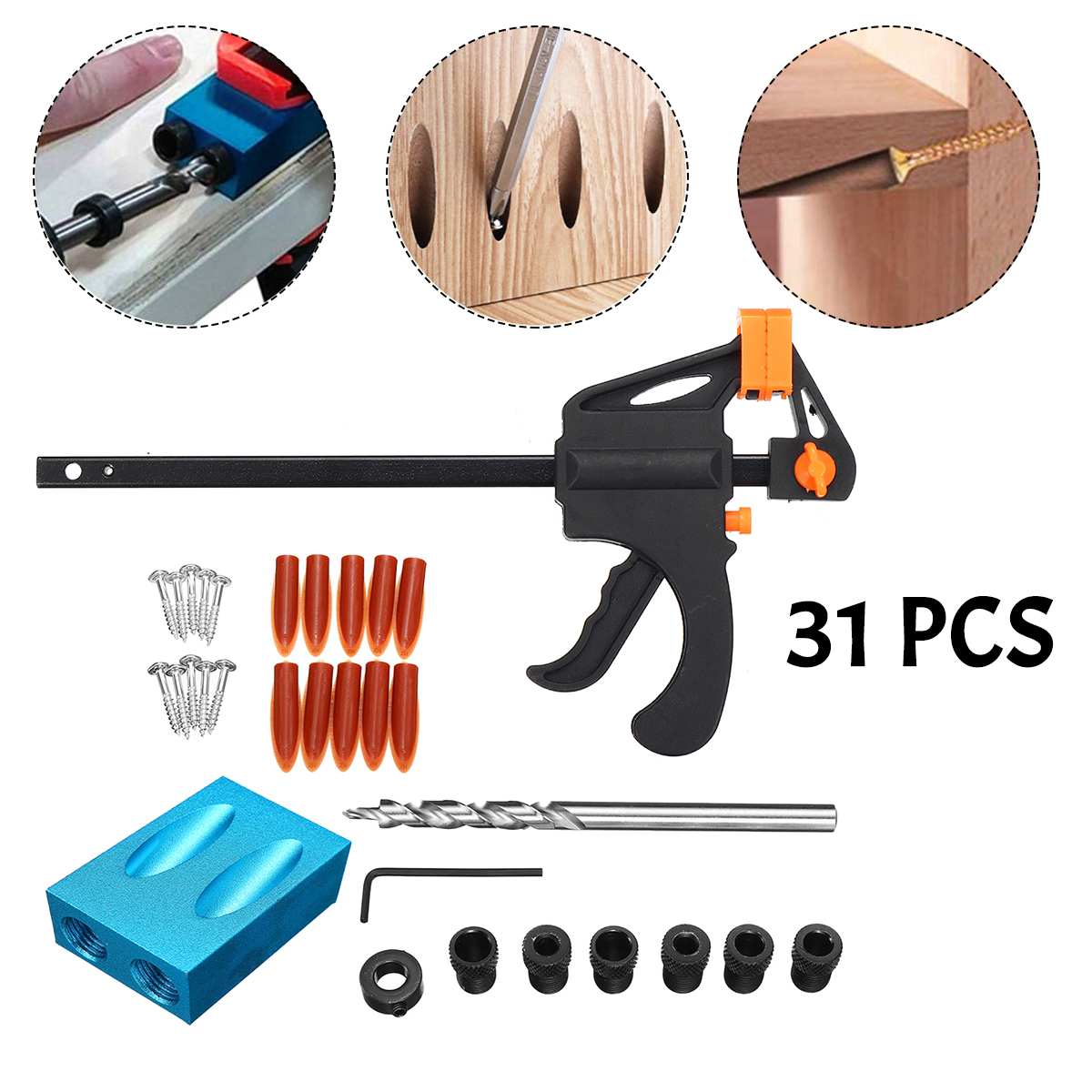 31pcs-15-Degree-Oblique-Hole-Locator-Pocket-Hole-Jig-Drill-Bit-Angle-Woodworking-Carpentry-Tools-1650293-1