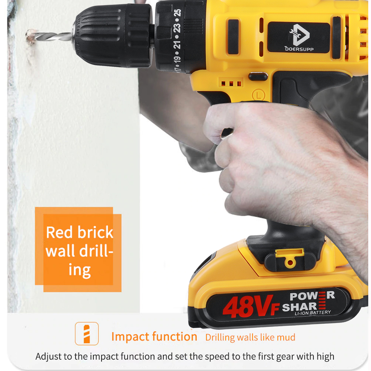 DOERSUPP-48VF-Impact-Drill-Cordless-Screwdriver-Drill-253-Torque-2-Speed-Drilling-Battery-Indicator--1891069-11
