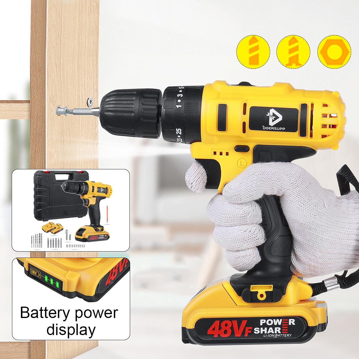 DOERSUPP-48VF-Impact-Drill-Cordless-Screwdriver-Drill-253-Torque-2-Speed-Drilling-Battery-Indicator--1891069-10