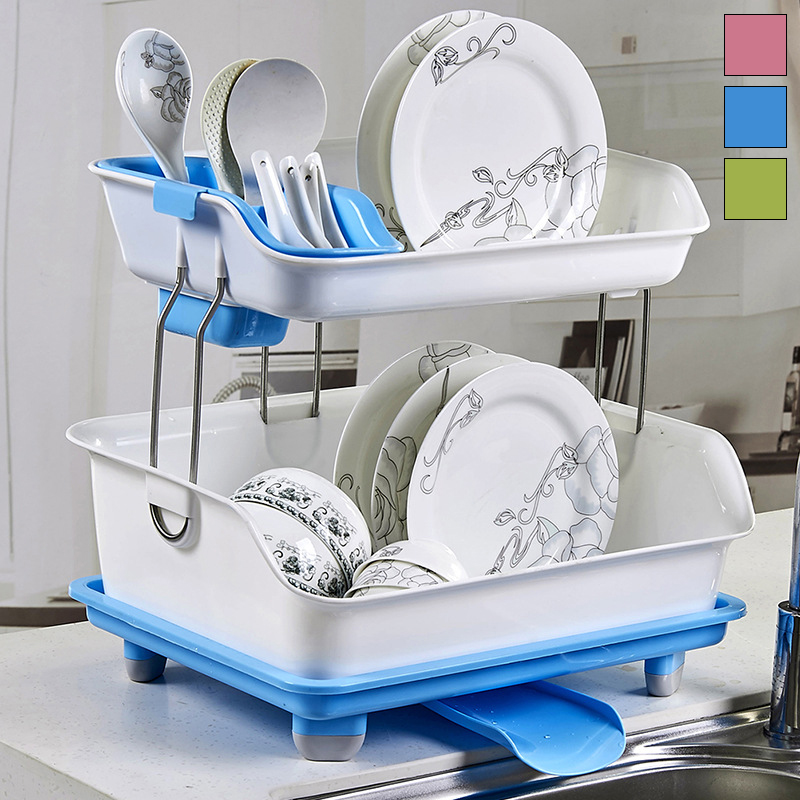 Double-Layer-Dish-Drying-Storage-Drain-Rack-Kitchen-Shelf-Tableware-Holder-1626061-1