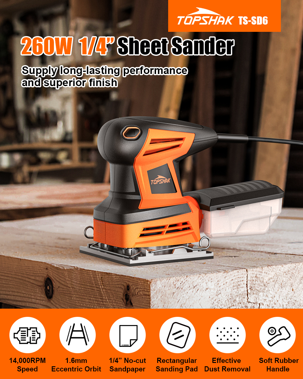 TOPSHAK-TS-SD6-260W-Electric-Palm-Sander-Hand-Sander-with-20Pcs-Sandpapers-Hand-Held-Sander-Dust-Col-1917944-1