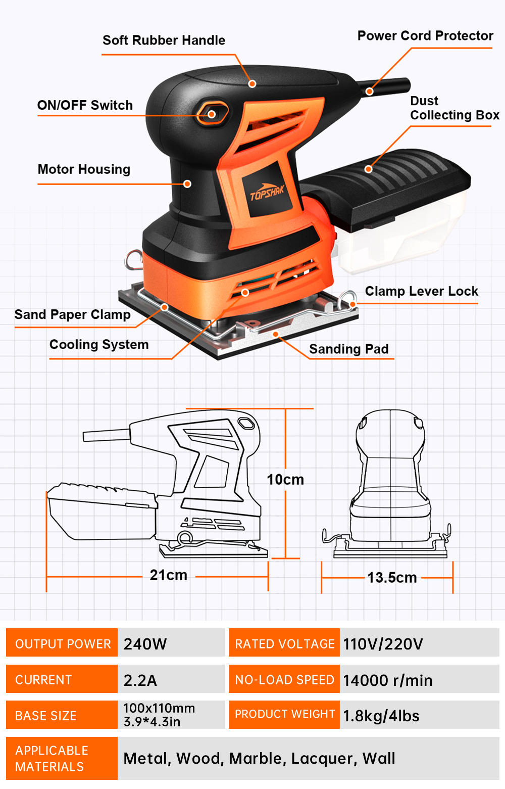 TOPSHAK-TS-SD6-260W-Electric-Palm-Sander-Hand-Sander-with-20Pcs-Sandpapers-Hand-Held-Sander-Dust-Col-1917944-9