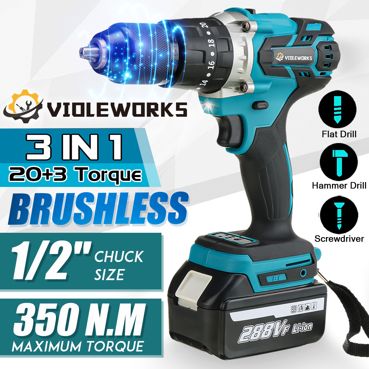VIOLEWORKS-288VF-3-In-1-Cordless-Electric-Impact-Drill-Driver-Brushless-Driver-Drill-Hammer-with-EU--1834519-2