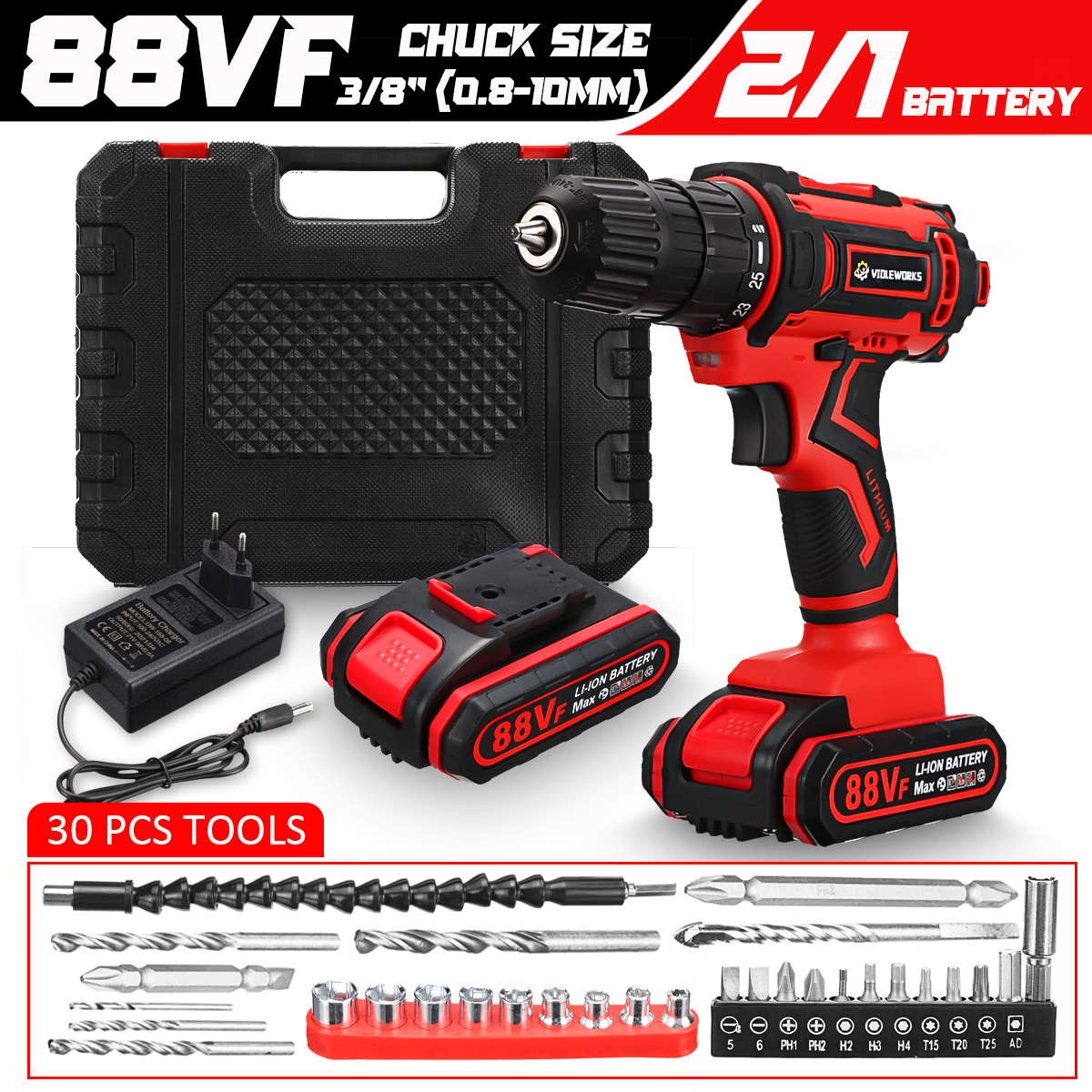 Violeworks-88VF-6000mAh-Cordless-Electric-Drill-Screwdriver--30Pcs-Accessories--12Pcs-Battery-1852201-1