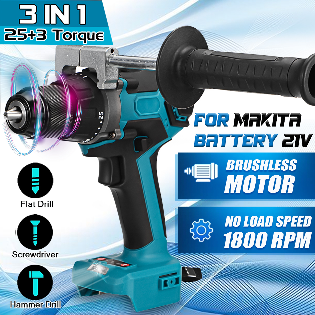 3-IN-1-Brushless-Electric-Hammer-Drill-Screwdriver-13mm-253-Torque-Cordless-Impact-Drill-For-Makita--1861682-2