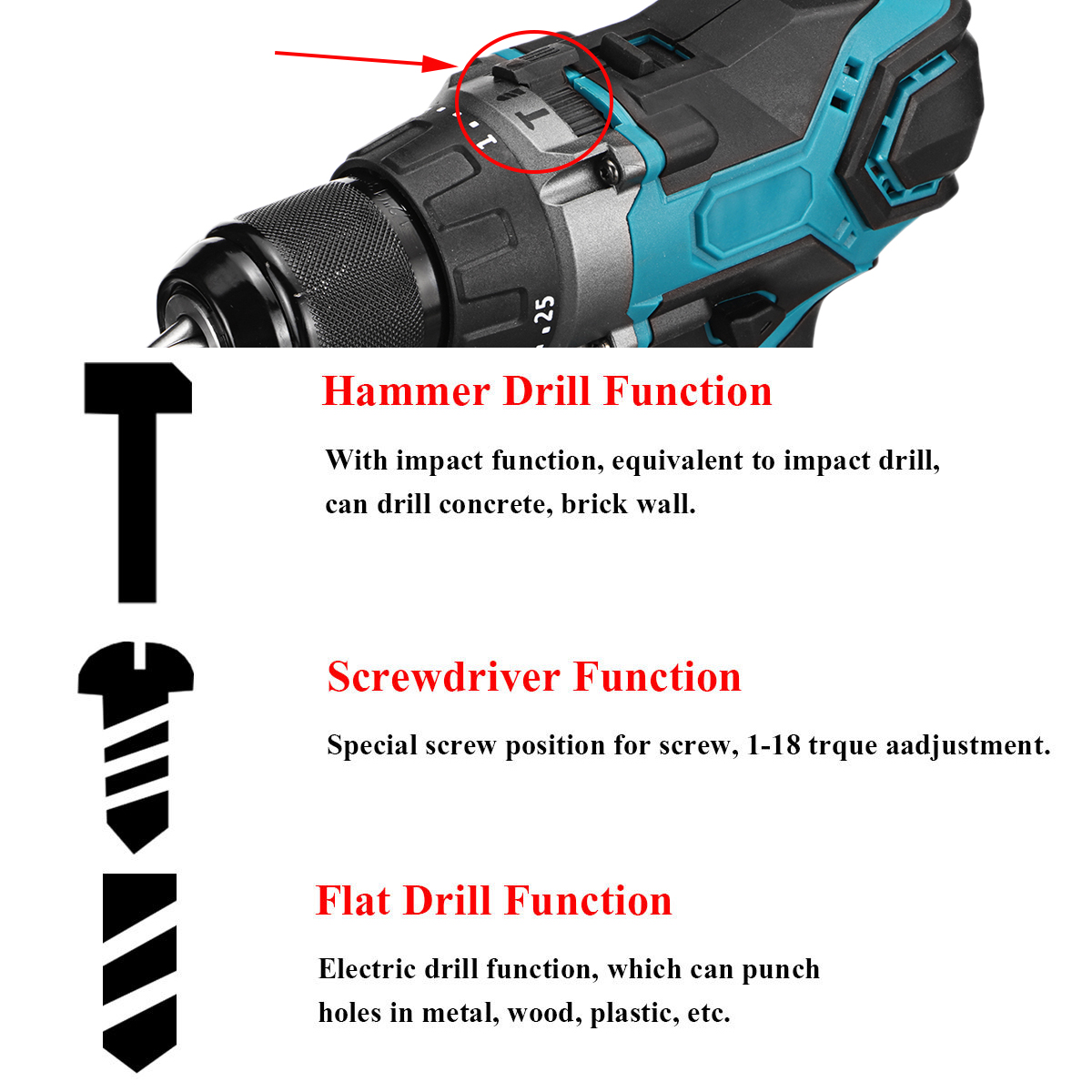 3-IN-1-Brushless-Electric-Hammer-Drill-Screwdriver-13mm-253-Torque-Cordless-Impact-Drill-For-Makita--1861682-5