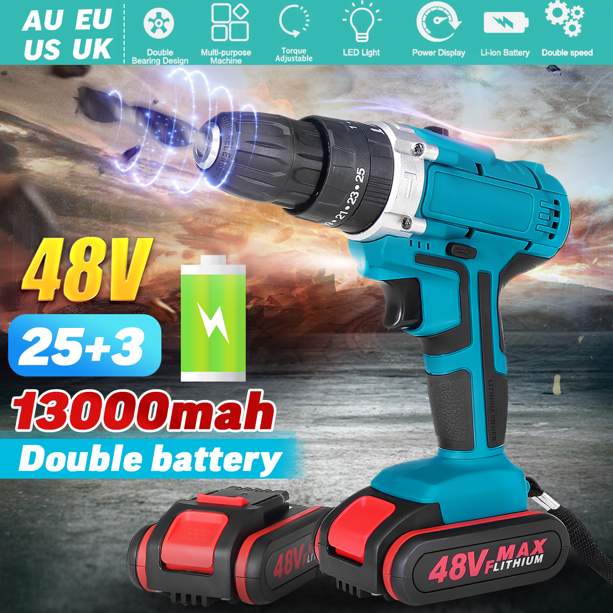 48V-2-Speed-Power-Drills-Cordless-Electric-Drill-13000mAh-253-Torque-Drilling-Tool-With-2-Li-ion-Bat-1553635-2