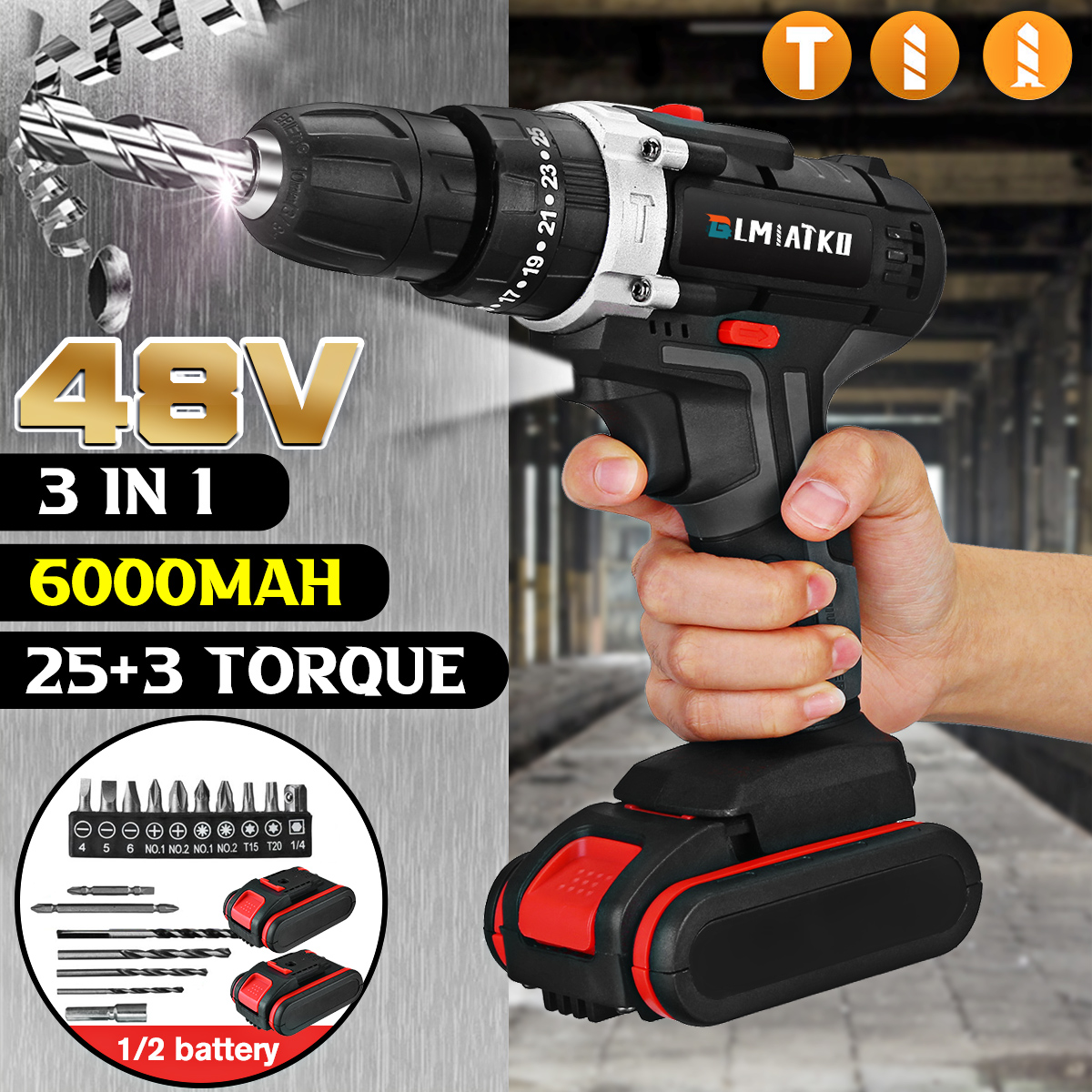 BLMIATKO-48VF-Cordless-Electric-Drill-25-Speeds-Torque-Power-Impact-Drill-W-12pcs-Battery-1767984-1