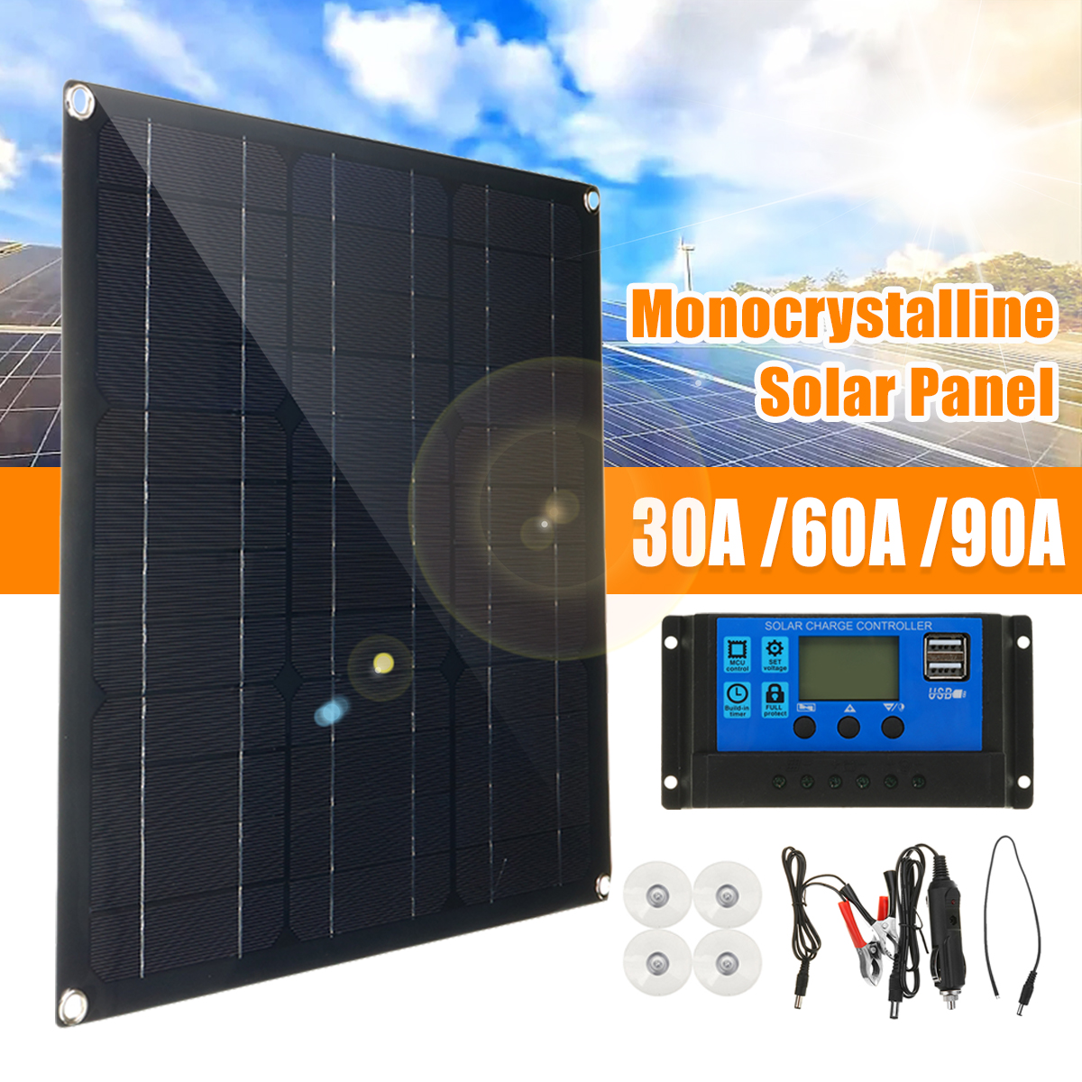 30-90A-Solar-Panel-Kit-Dual-USB-Port-Battery-Charger-LCD-Controller-With-4Pcs-Suckers-1848021-1