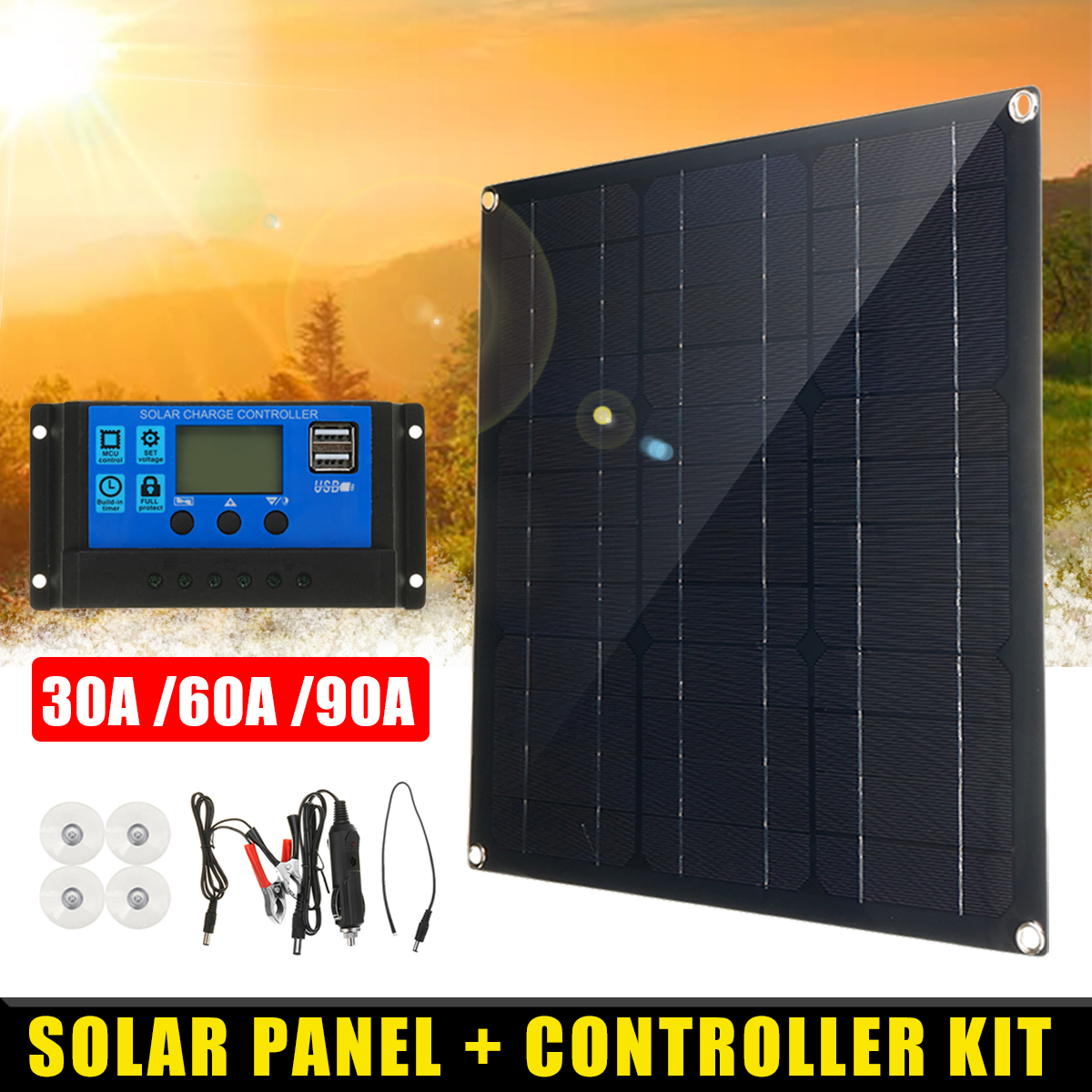 30-90A-Solar-Panel-Kit-Dual-USB-Port-Battery-Charger-LCD-Controller-With-4Pcs-Suckers-1848021-2