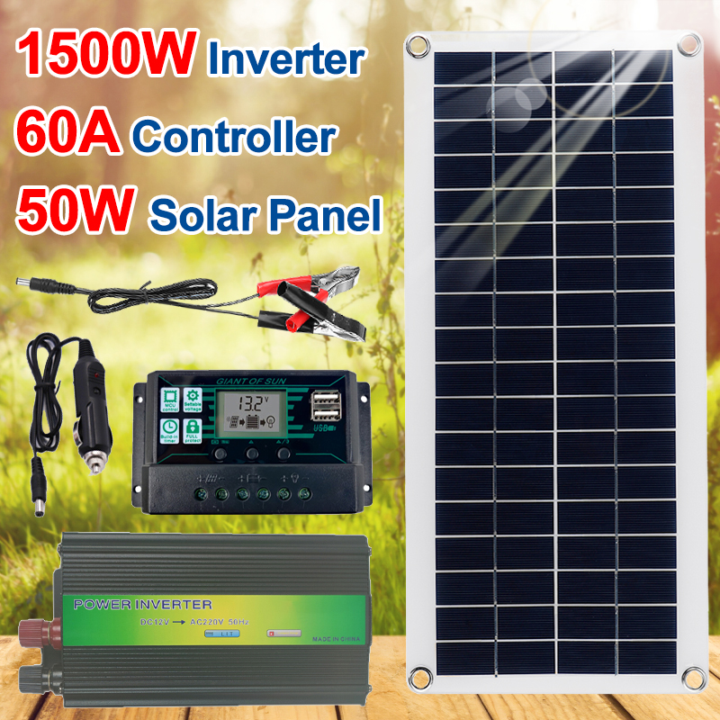220V-1500W-Peak-Solar-Power-System-Battery-Charger-Inverter50W-Solar-Panel-60A-Controller-1805433-1