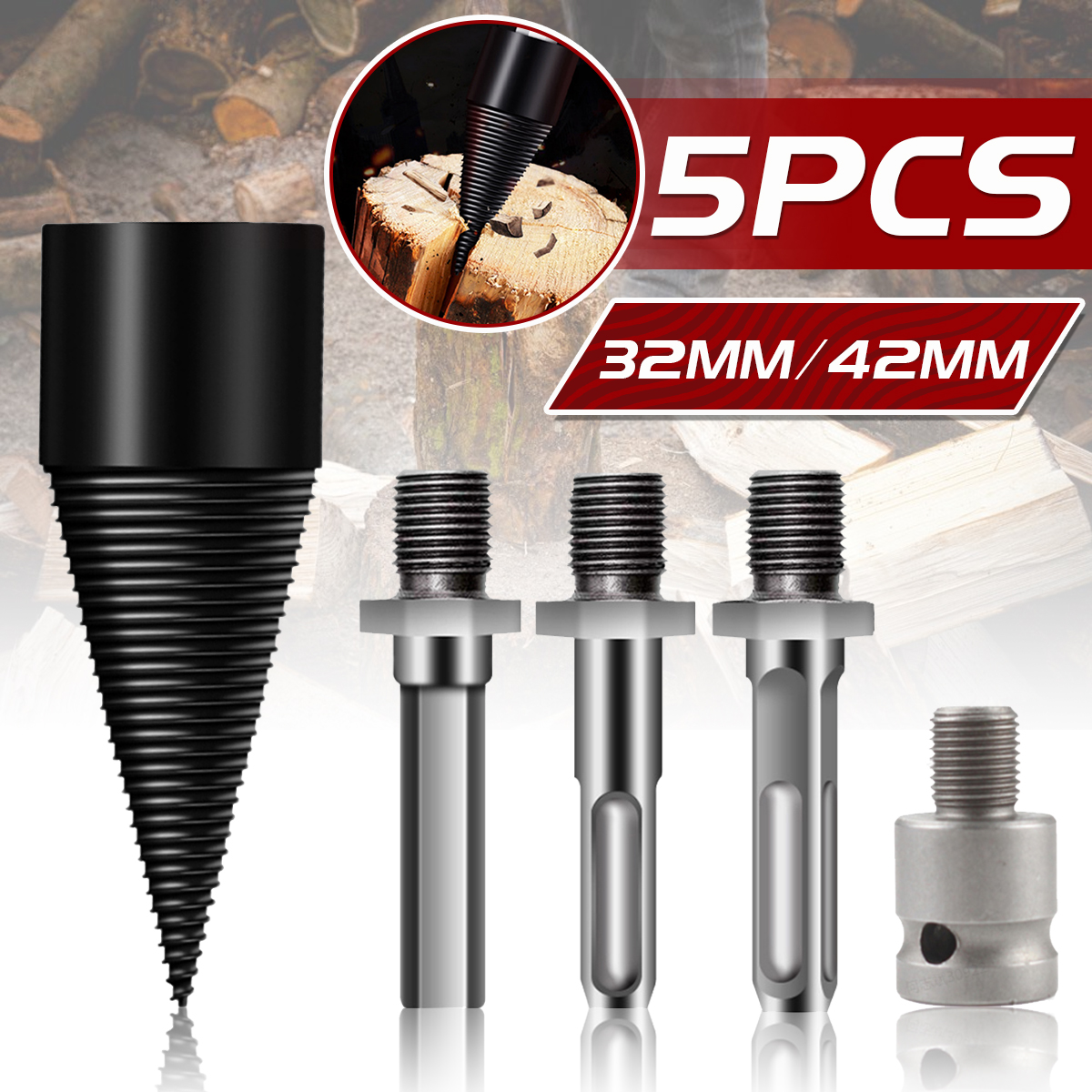 5-PCS-42mm32mm-Firewood-Splitter-Drill-RoundHexTriangleWrench-Shank-Wood-Cone-Reamer-Punch-Driver-St-1962068-1