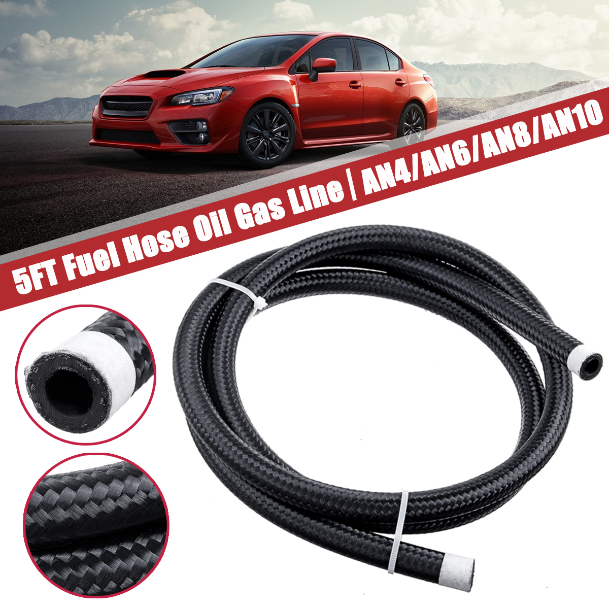 5FT-AN4AN6AN8AN10-Car-Fuel-Hose-Oil-Gas-Line-Nylon-Stainless-Steel-Braided-Black-1682387-1