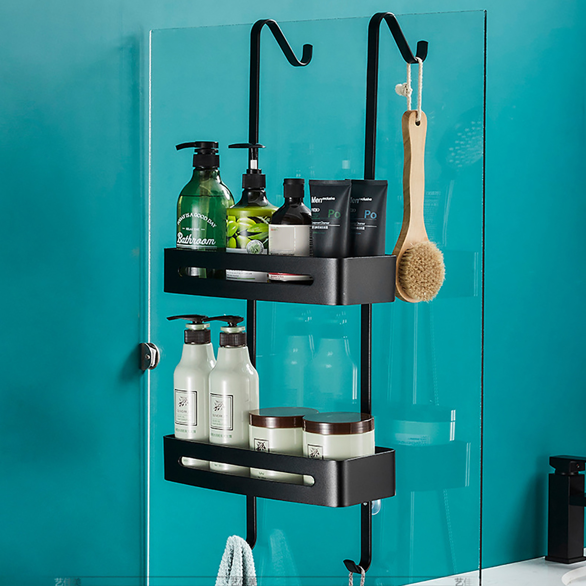 Black-Hanging-Bath-Shelves-Bathroom-Shelf-Organizer-Nail-free-Shampoo-Holder-1730558-9