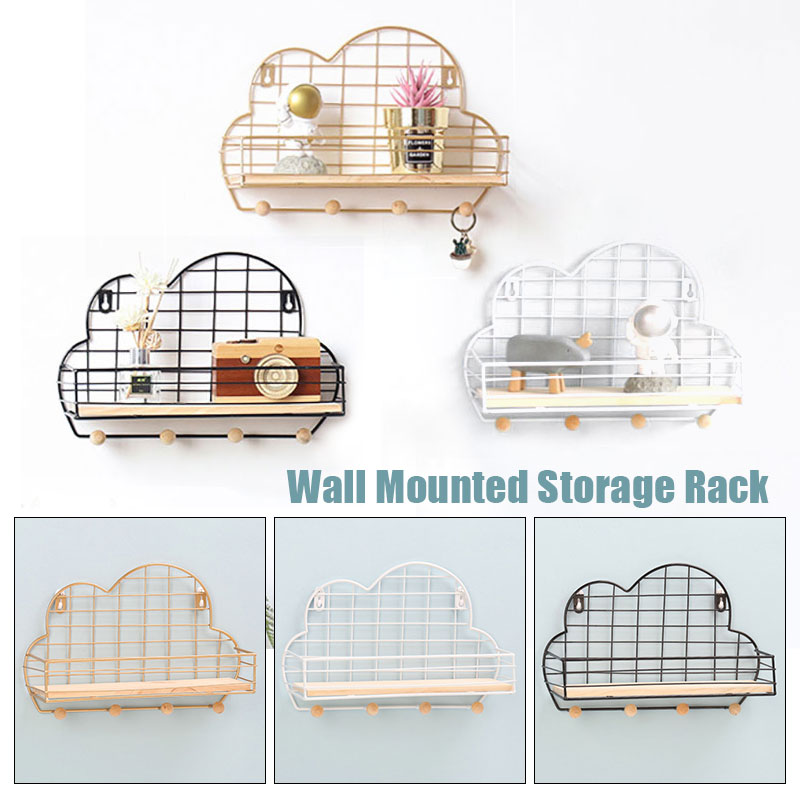 Wall-Mounted-Shelf-Metal-Wire-Rack-Storage-Unit-With-Hooks-Key-Basket-Hanger-1676470-1