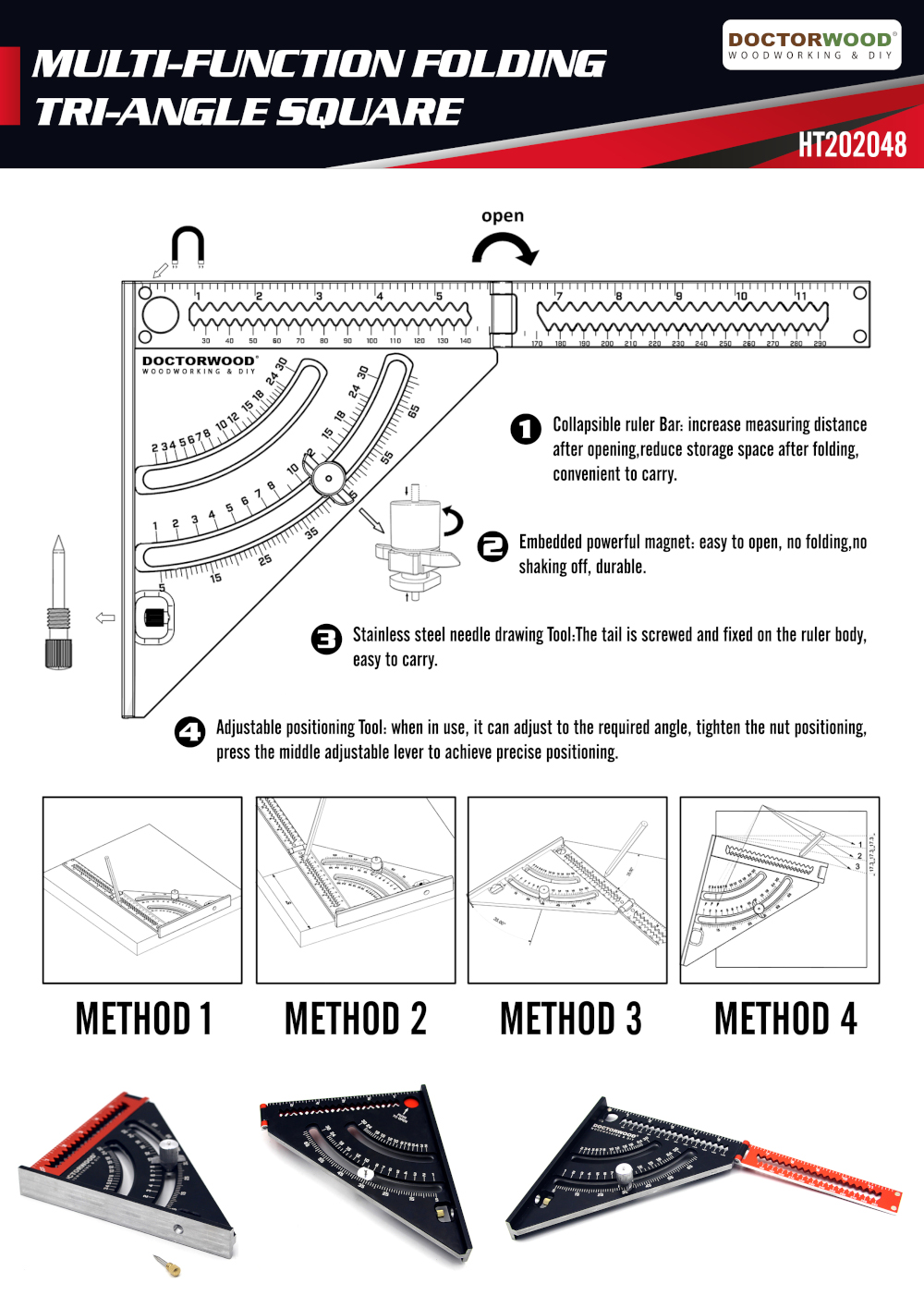 DOCTORWOOD-6-Inch-Extendable-Multifunctional-Folding-Triangle-Ruler-Carpenter-Square-with-Base-Preci-1777891-2